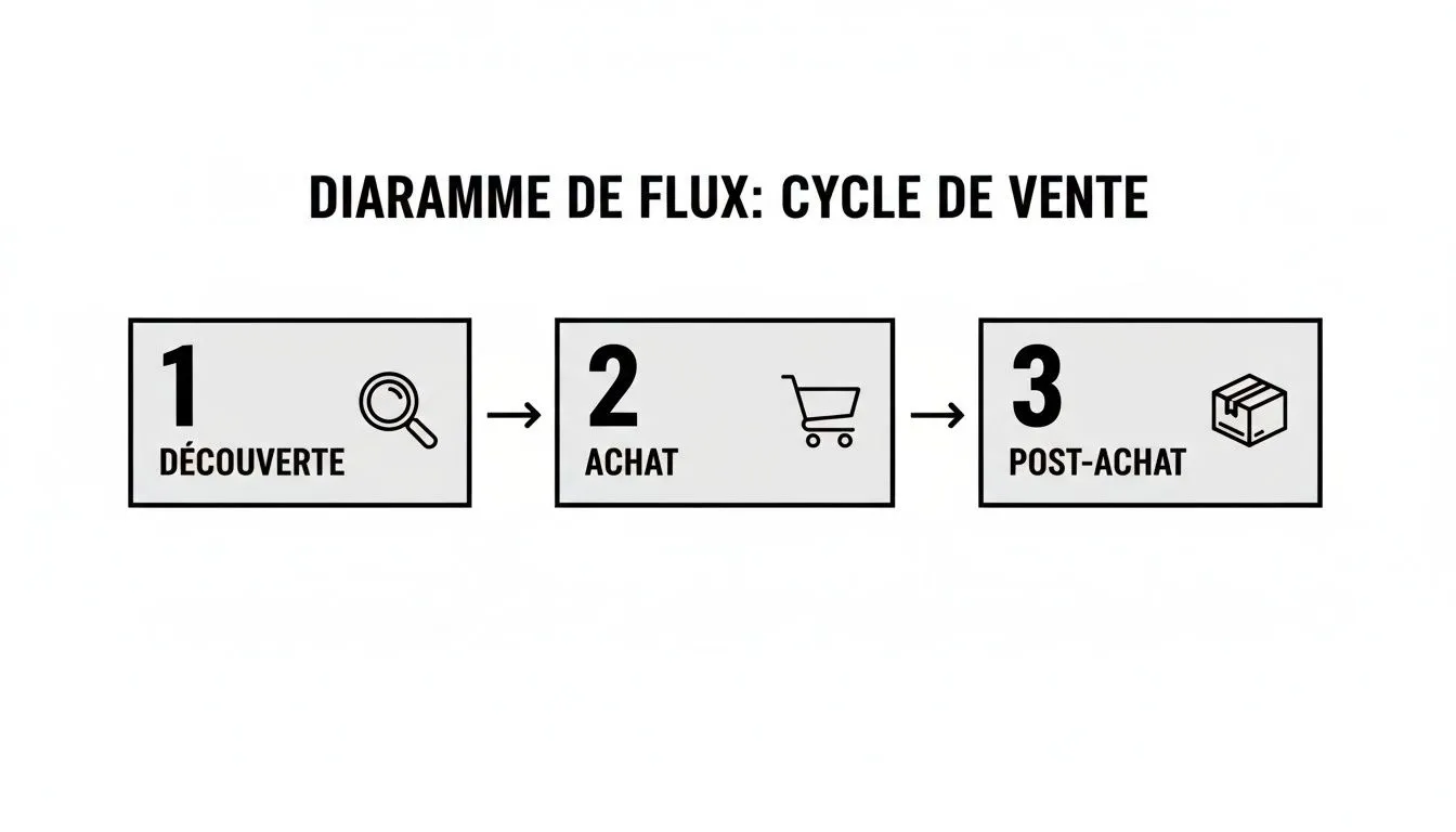 Three-step flow diagram representing the sales cycle: discovery, purchase and post-purchase, with illustrative icons.