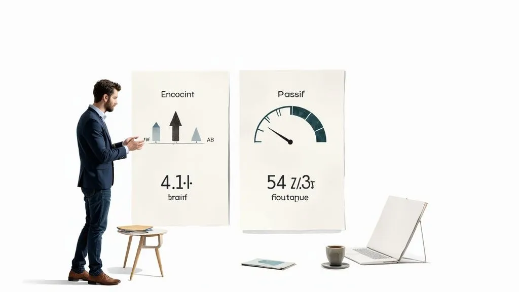 A man presents charts and a performance indicator on whiteboards, in a clean environment.
