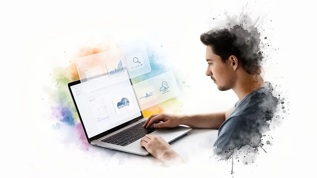 Young man using a laptop displaying overlaid data visualizations and charts, watercolor effect.