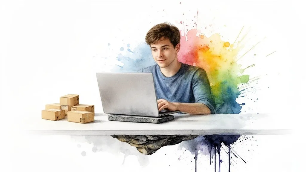 Young man working on a laptop, surrounded by parcels, with colorful paint splashes.