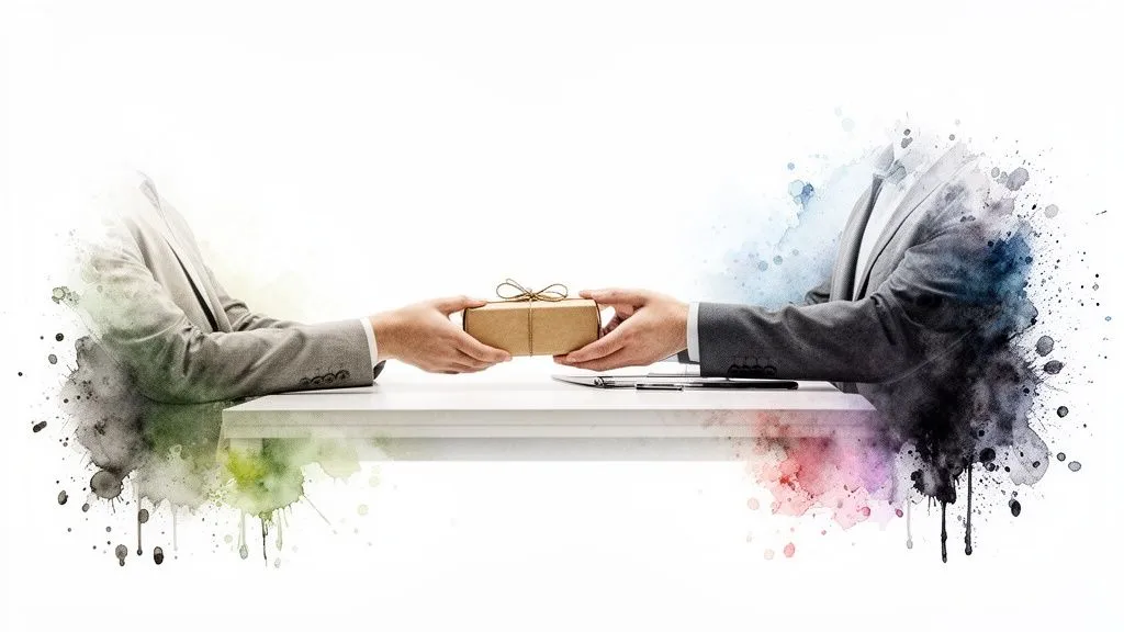 Two people in suits exchanging a gift on a table, with artistic watercolor effects.