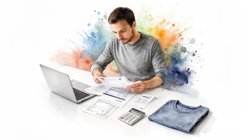 A man analyzes financial documents and invoices, with a laptop, a calculator and a folded garment on his desk, against a watercolor splash background.