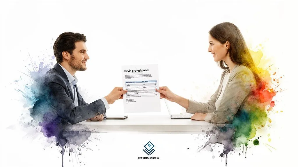 Two smiling professionals, a man and a woman, exchanging a professional quote document.