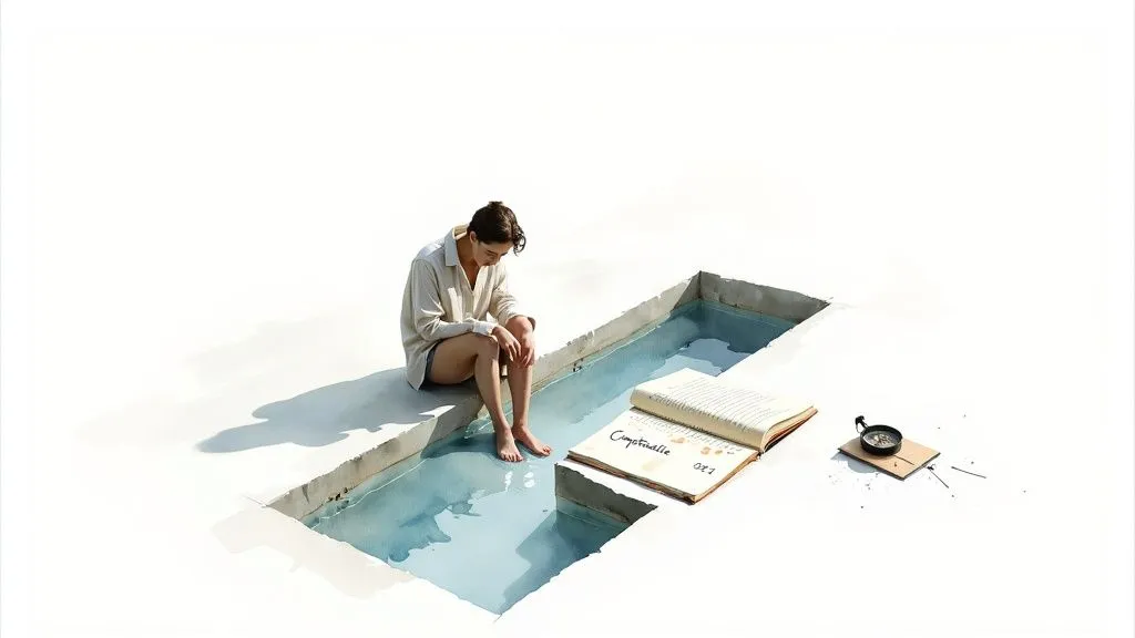Person sitting by the water, barefoot, with an open book and a compass, in a clean minimalist style.
