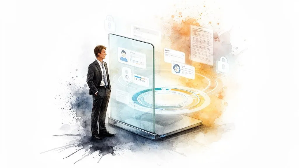 Illustration of a man in a suit consulting a transparent digital interface displaying secure data.