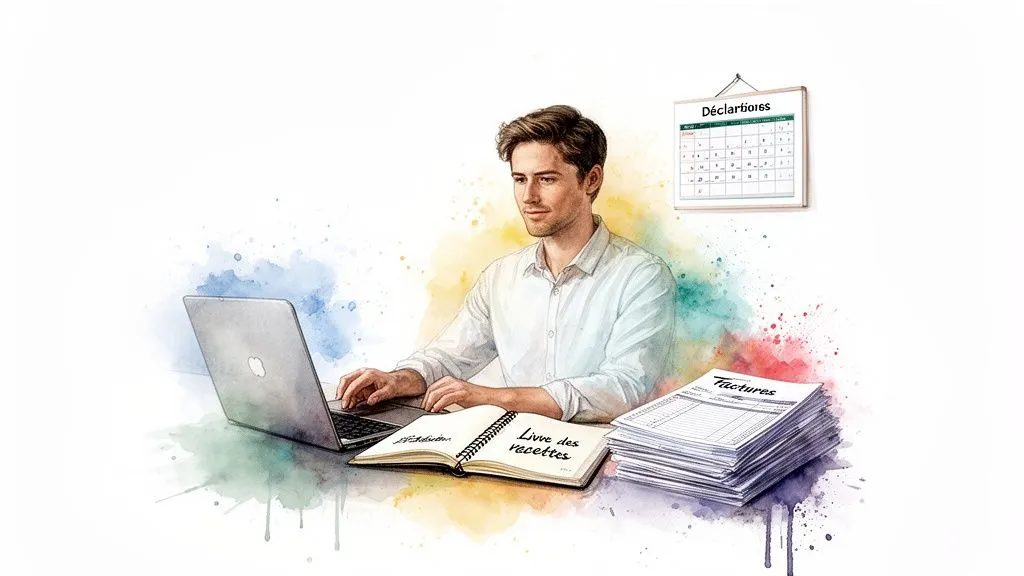 Man working on a laptop, managing his filings, invoices and receipts book for his micro-entreprise.