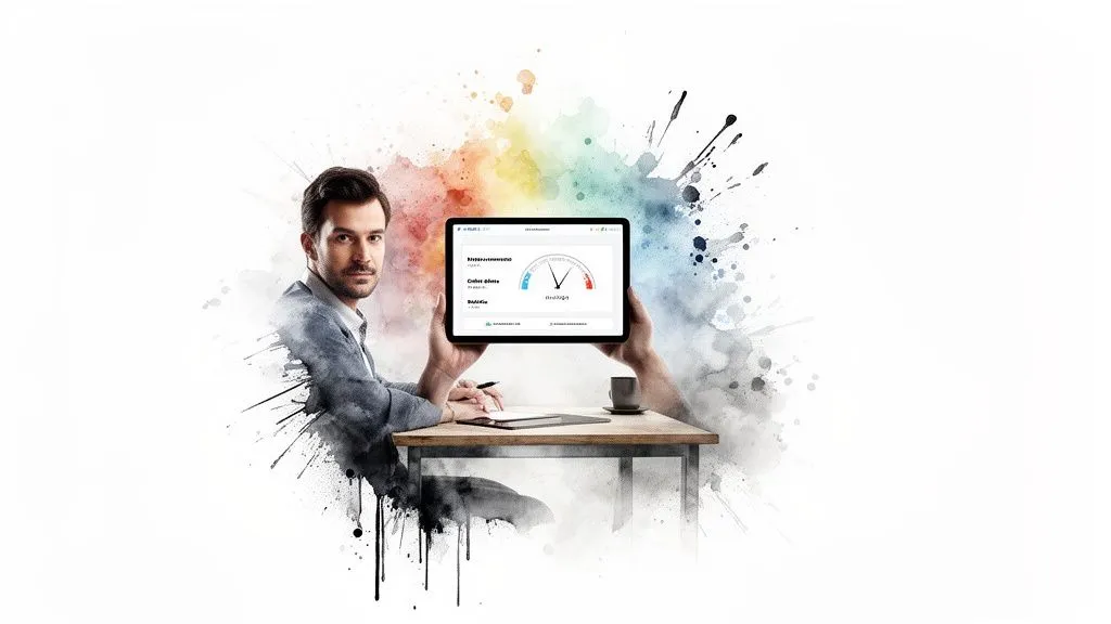 Professional man holding a tablet displaying a gauge, on an abstract colorful background.
