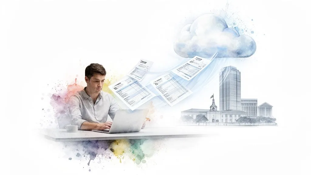 A man works on a laptop while scanned documents float toward a cloud and urban buildings, symbolizing dematerialization and the cloud.