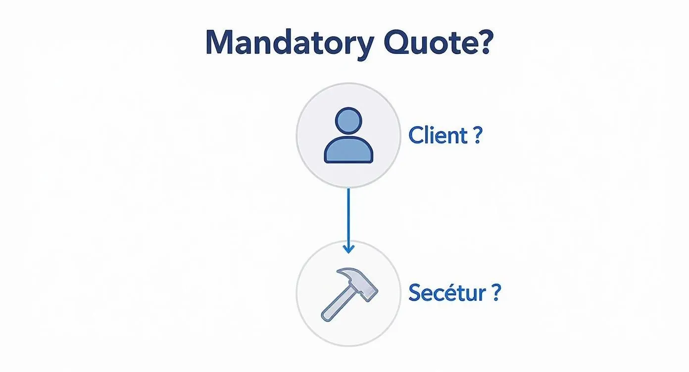 Diagram questioning the obligation of a quote between a client and a service provider (symbolized by a hammer).