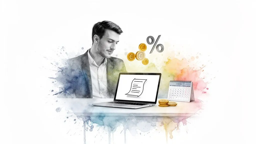A man looks at a laptop displaying a document, with euro coins, a percentage sign and a calendar on a watercolor background.