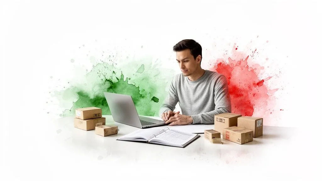 A man manages parcels and a laptop, surrounded by cardboard boxes, against a background of green and red splashes.