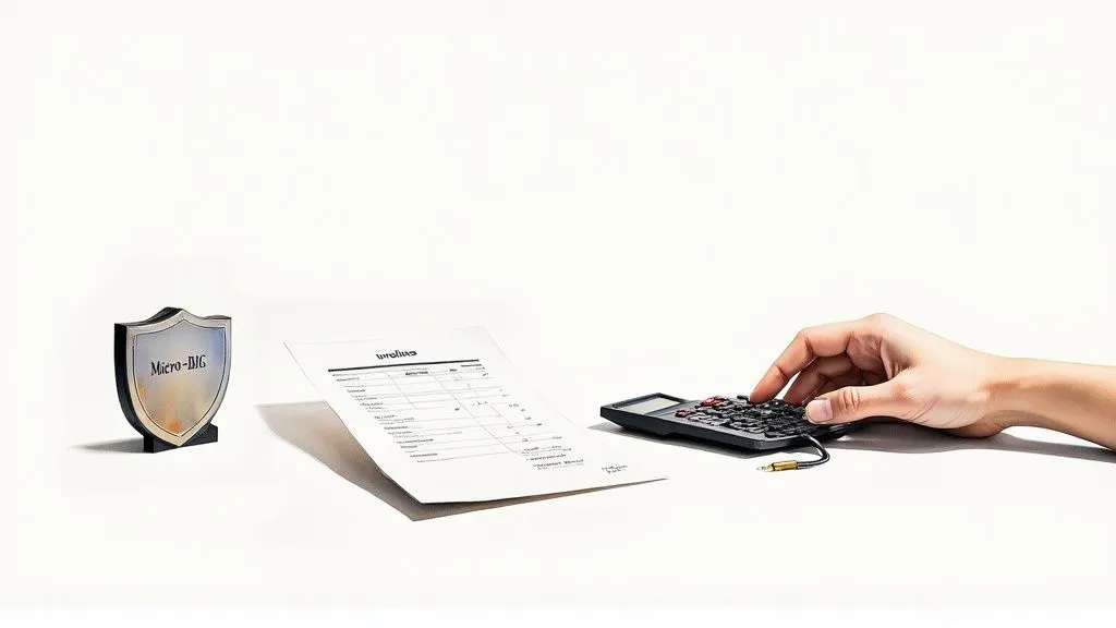 A hand uses a calculator next to a document and a Micro-BIC trophy on a white background.