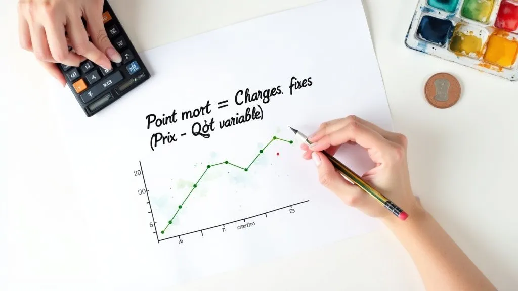 Chart showing the revenue curve crossing the cost curve to reach the break-even point.