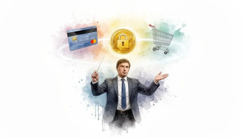 Man in a suit overseeing a secure transaction with a credit card, padlock and shopping cart.