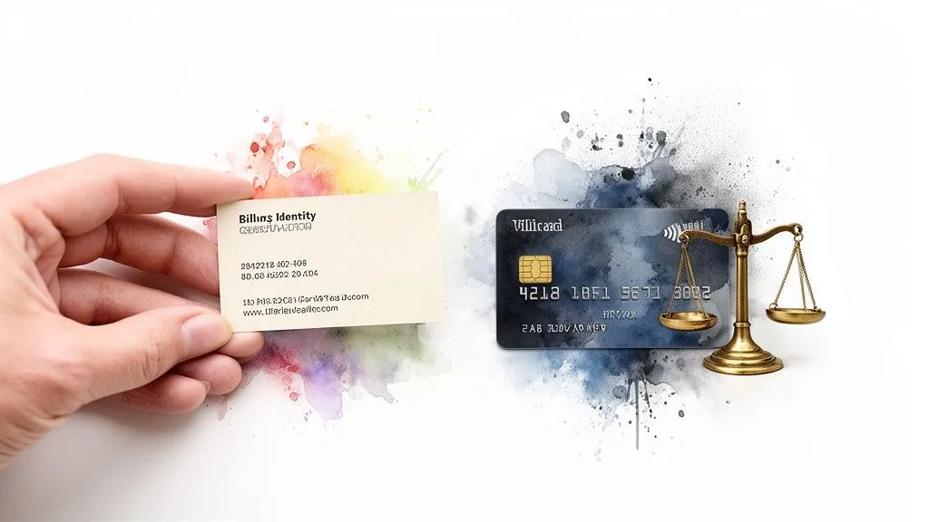 A hand presenting a business card facing a credit card and a scale, with colorful watercolor splashes.