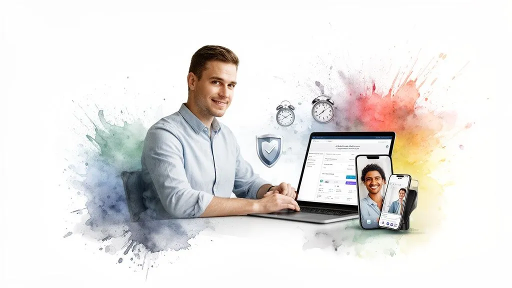 Young man smiling while using a laptop, surrounded by icons of security, time, and smartphone screens for online services.