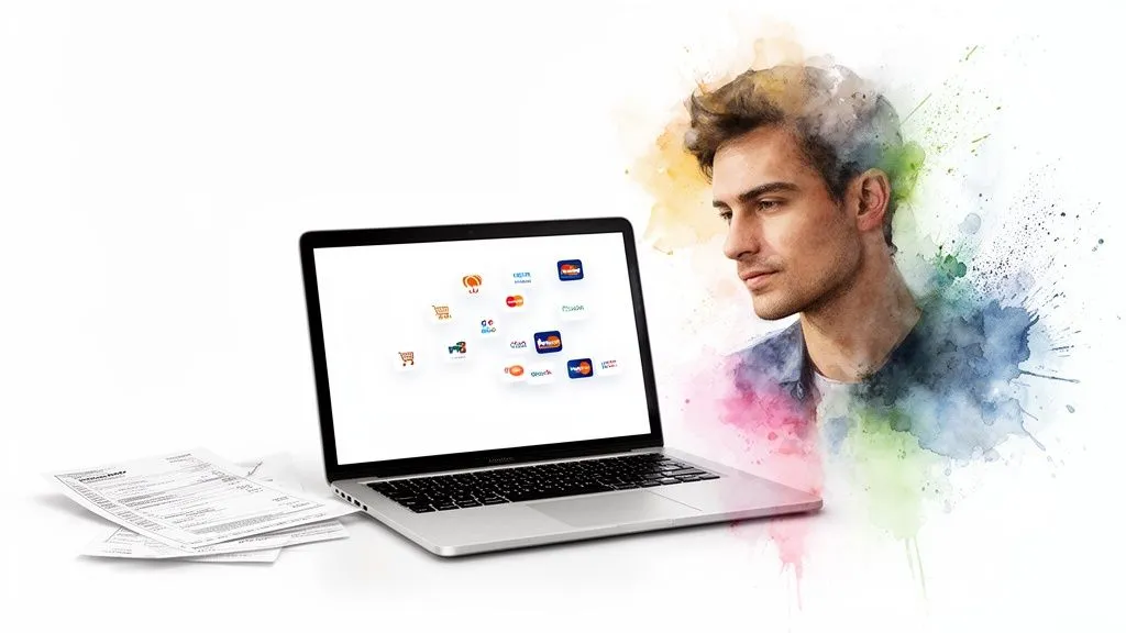 A watercolor illustration of a man looking at a laptop displaying payment icons, with documents nearby.