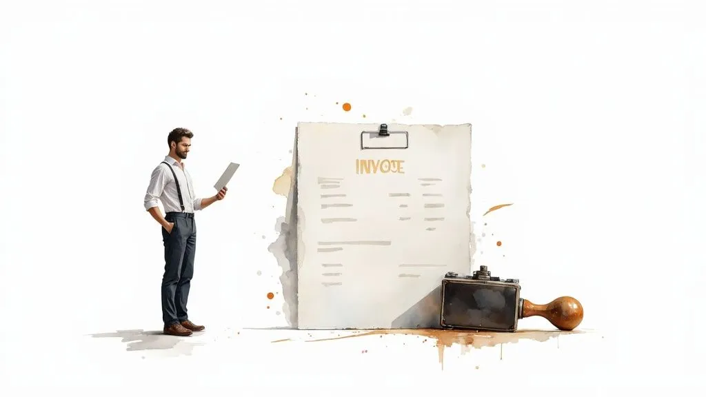 A sole trader reviewing an invoice on a laptop in a bright, modern office