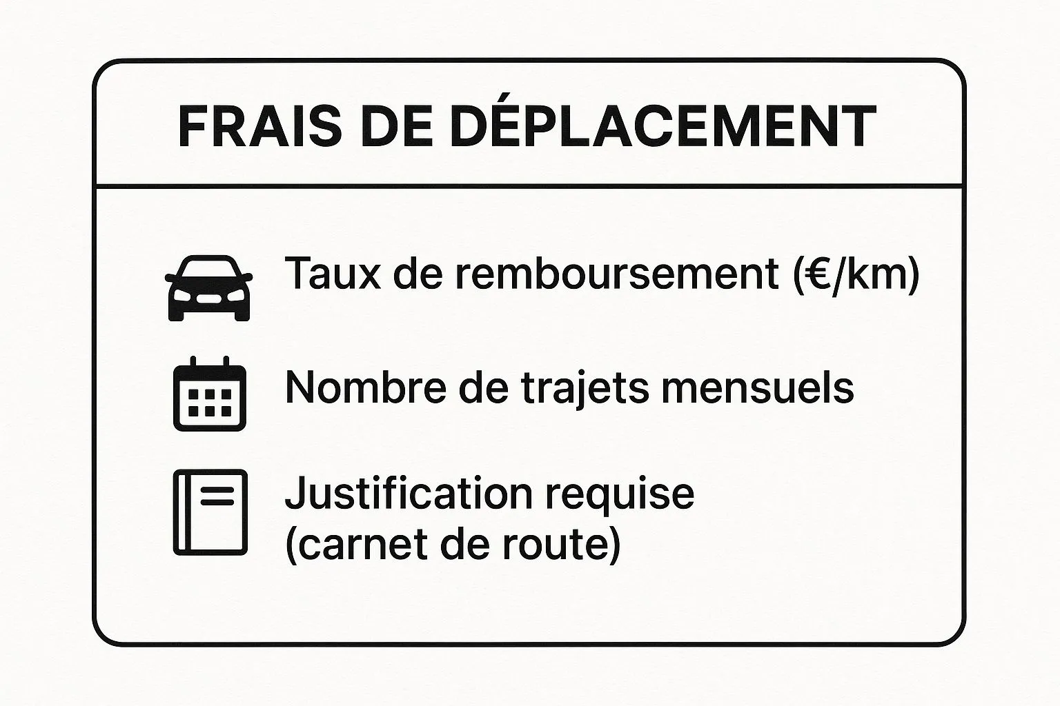 Infographic illustrating the key data of a transport expense report, including the reimbursement rate, number of trips, and required justification.