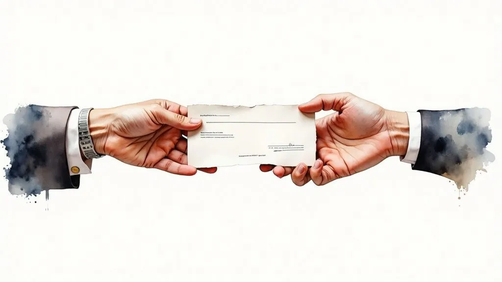 Two professionals' hands exchanging a payment receipt or administrative document