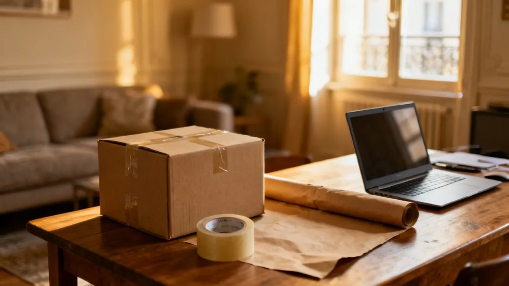 Vendeur en ligne préparant des colis à domicile, sur une table de travail avec cartons et rouleau d'adhésif