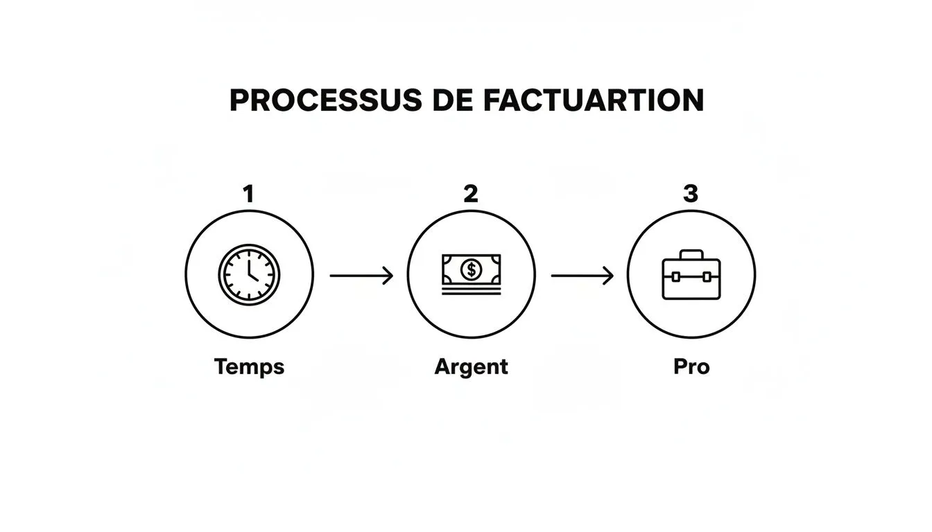 A simple infographic illustrating the three-step invoicing process: time, money, and professionalism.