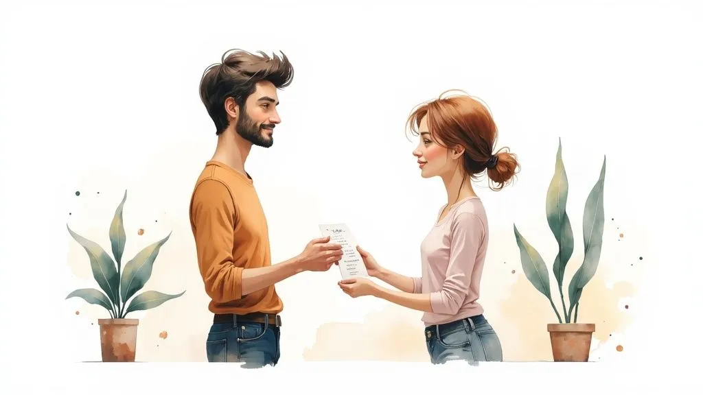 A smiling man and woman exchanging a document against a white background with plants.