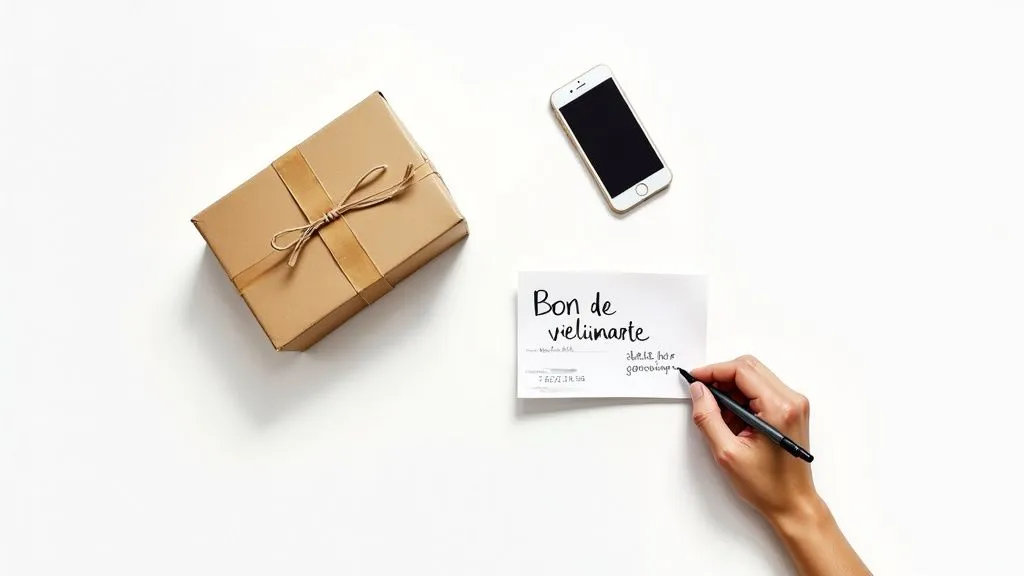 A hand writes on a delivery note next to a gift package and a smartphone on a white surface.