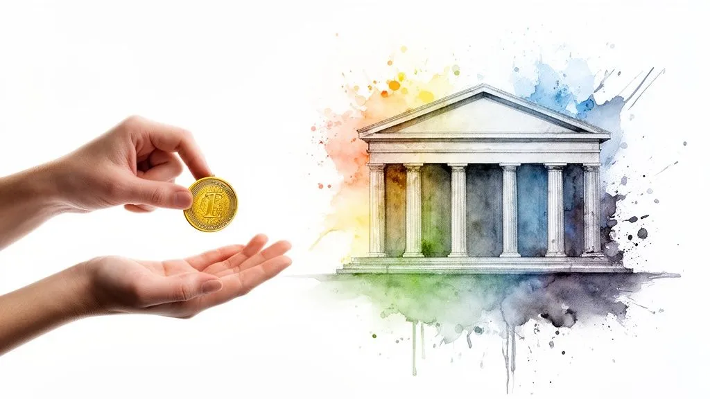 A hand offering a gold coin to another, with an institutional building in colorful watercolor.