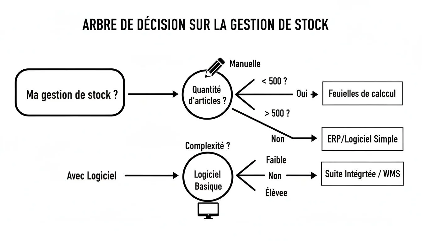 Decision tree for choosing the right inventory management solution based on the number of items and complexity.