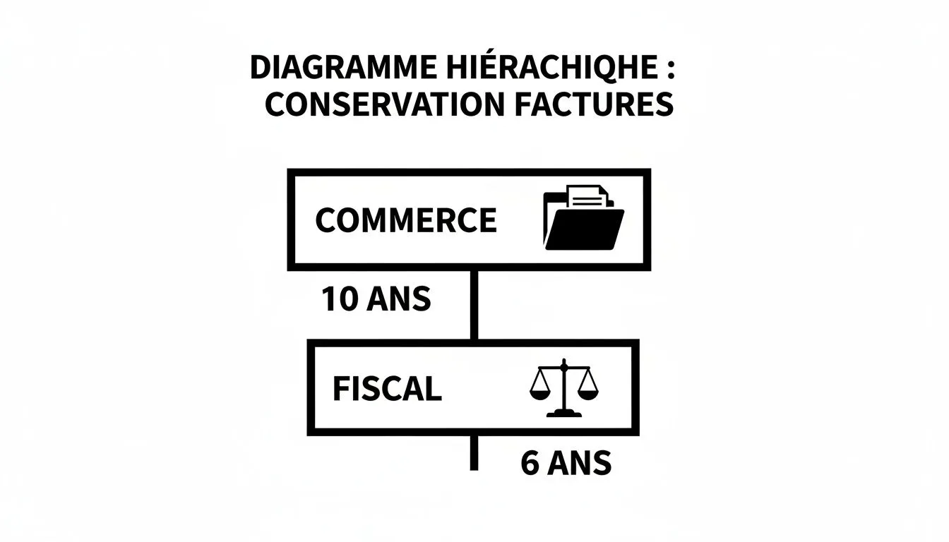 Hierarchical diagram detailing the retention periods for commercial invoices (10 years) and tax invoices (6 years).