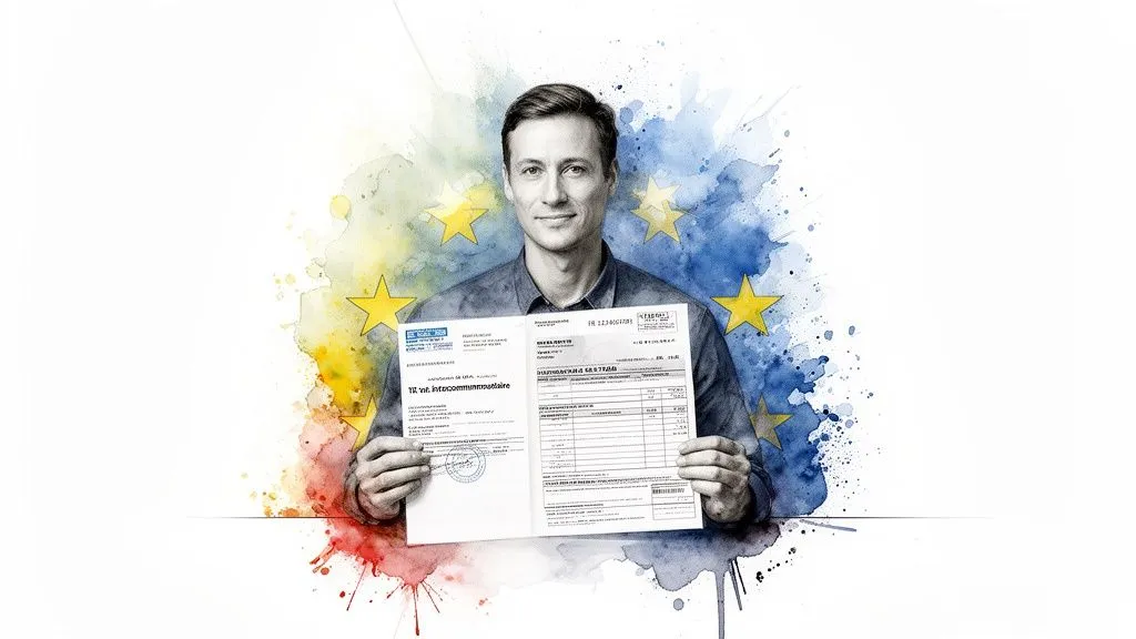 A smiling man holds a tax document, against an abstract background in EU colors with stars.