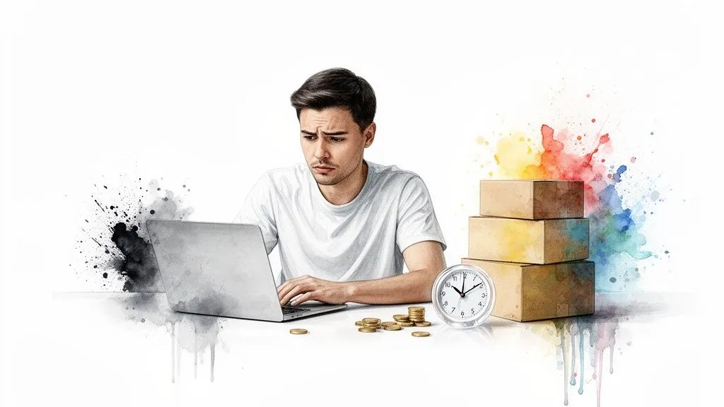 Worried man working on a laptop, with boxes, money and a clock, evoking the financial management of a small business.