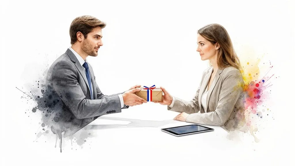 A man and a woman in business attire exchange a gift box, in a watercolor style.