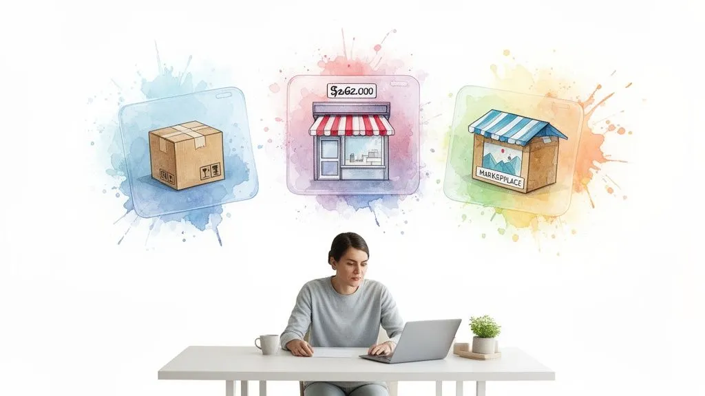 A focused woman works on a laptop, surrounded by icons representing parcels, a shop and a marketplace.