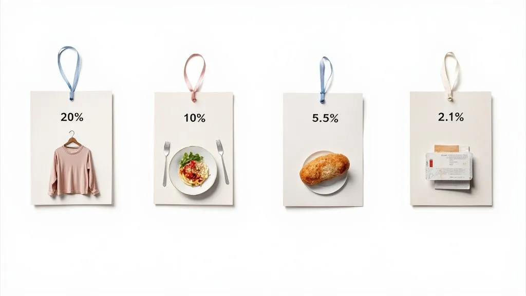 A store employee sorting products with price tags, illustrating the different VAT rates.