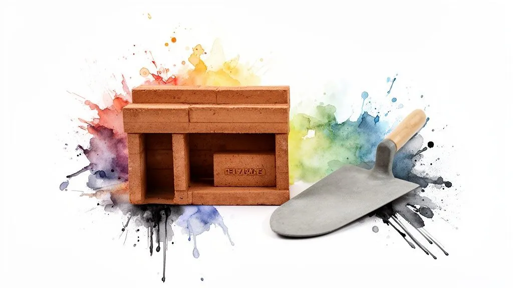 Miniature brick masonry with a trowel on a colorful watercolor background.
