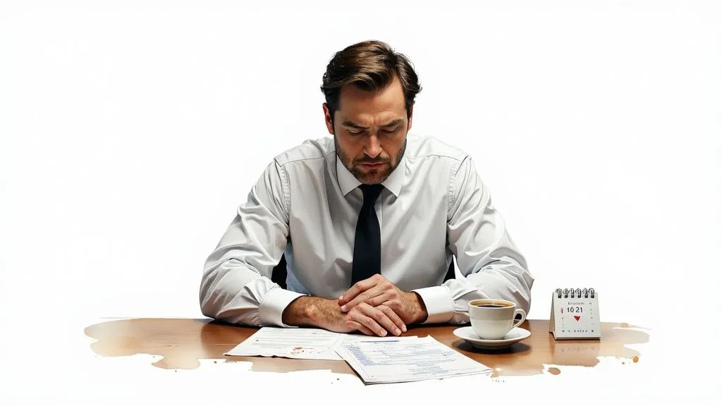 Stressed businessman in front of documents and a spilled coffee, a calendar shows October 21st.