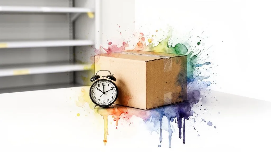A cardboard box and an alarm clock with colorful paint splashes on a white background with blurred shelves.