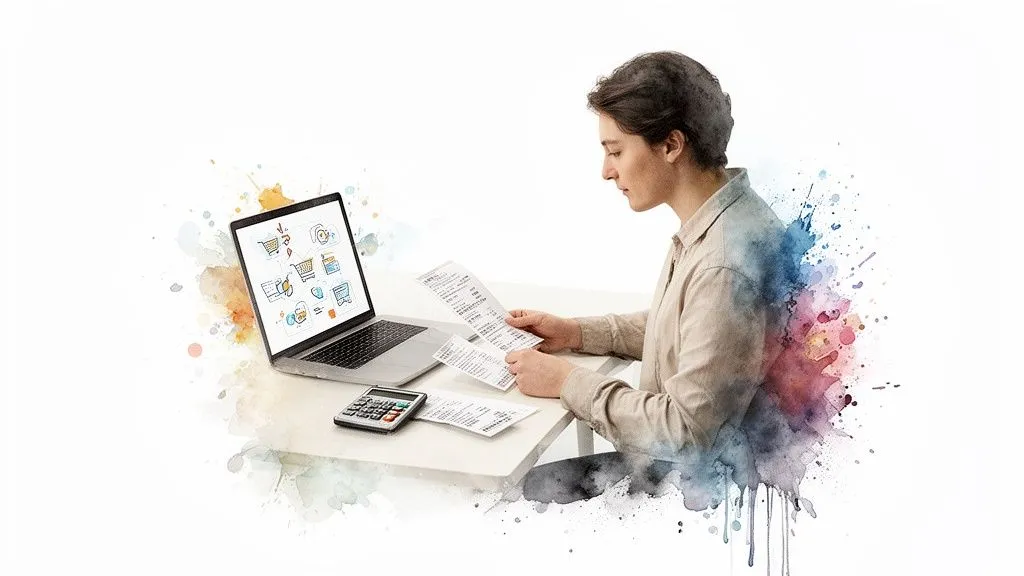A person examining invoices with a laptop displaying shopping icons and a calculator.