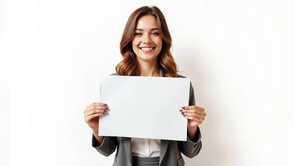Smiling woman in professional attire holding a blank white sheet of paper against a white background