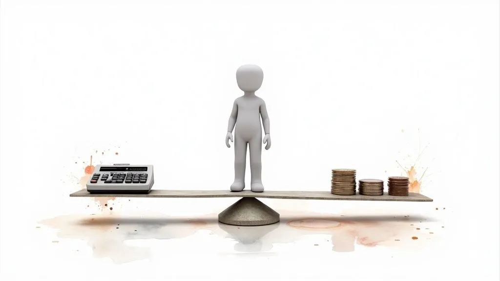 A balance scale with a calculator on one side, a figurine in the middle, and stacks of coins on the other.