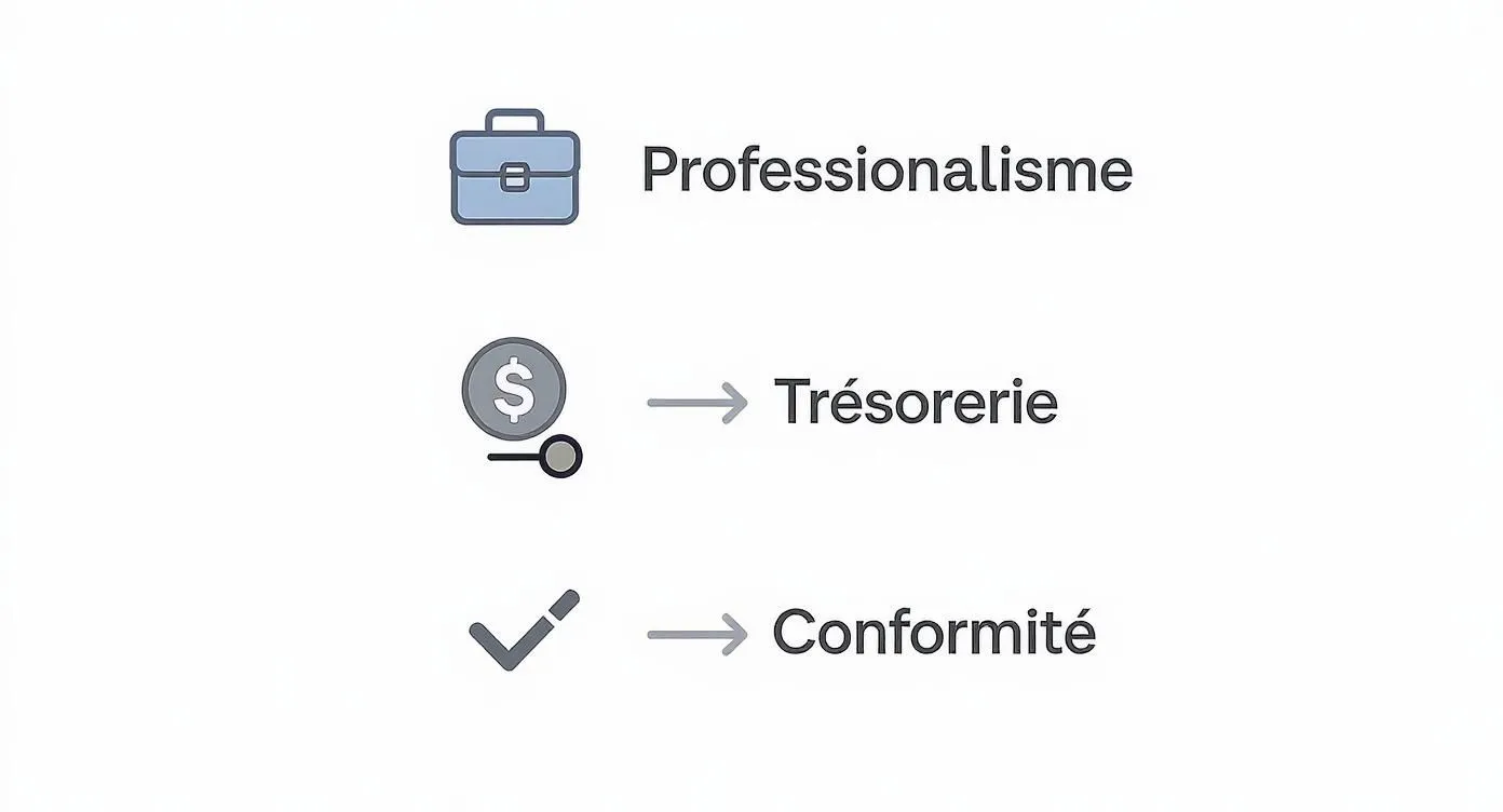 Icons illustrating professionalism, cash flow and compliance, key aspects for a business.
