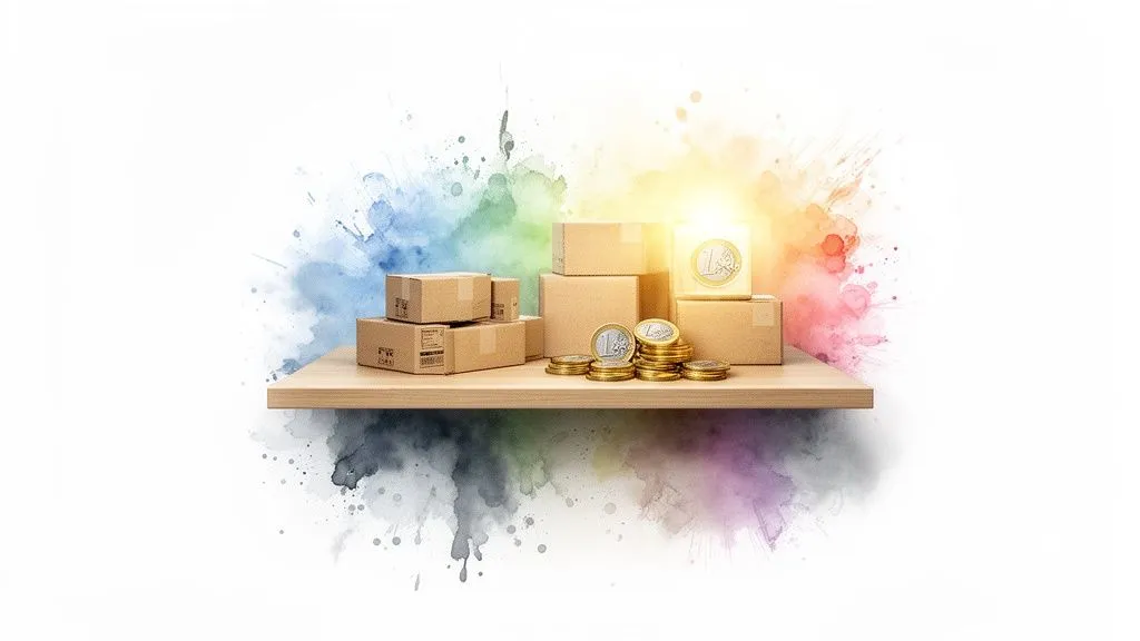 Cardboard boxes and stacks of euro coins on a wooden shelf with a colorful watercolor background.