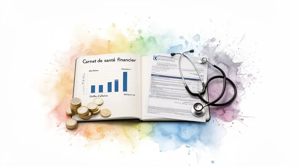 An open book titled "Financial health record" with charts, stacks of euro coins and a stethoscope.