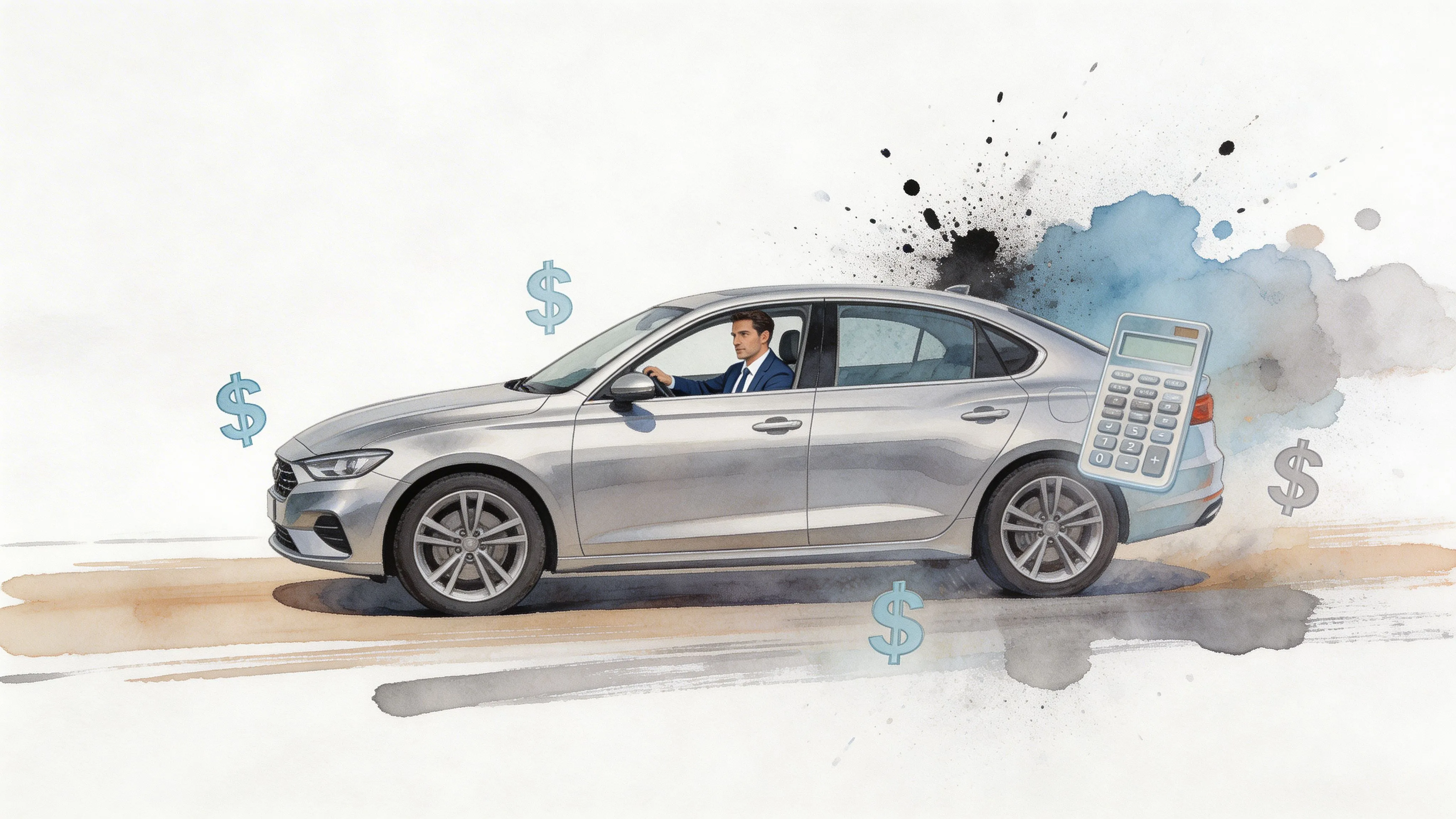 A businessman driving a car, illustrating financial calculations for the 2025 mileage allowance.