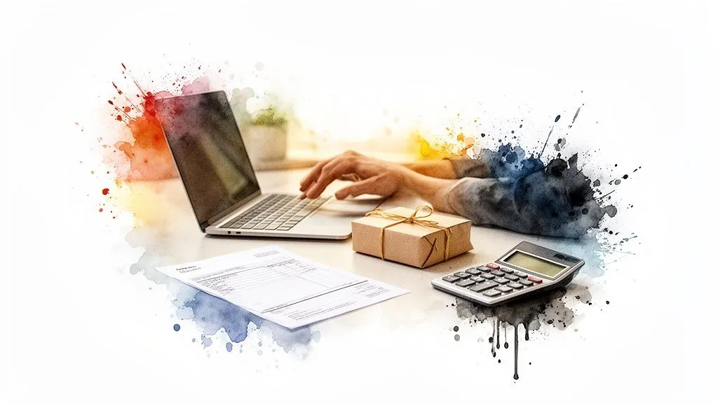 Person working on a laptop with a calculator, document and parcel on a desk, surrounded by watercolor splashes.