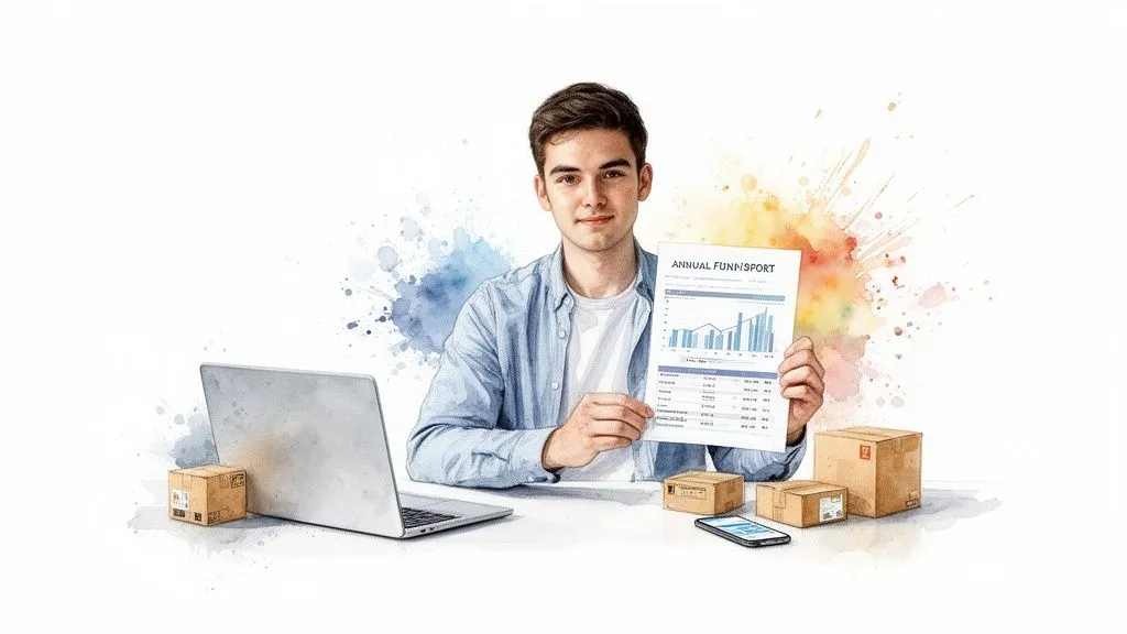 Young man smiling, blue shirt, holding a financial report in front of a laptop, with parcels and watercolor splashes.