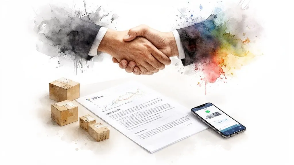 Two people shaking hands, symbolizing a business agreement, with boxes, a contract and a phone. Illustration of partnership and logistics.