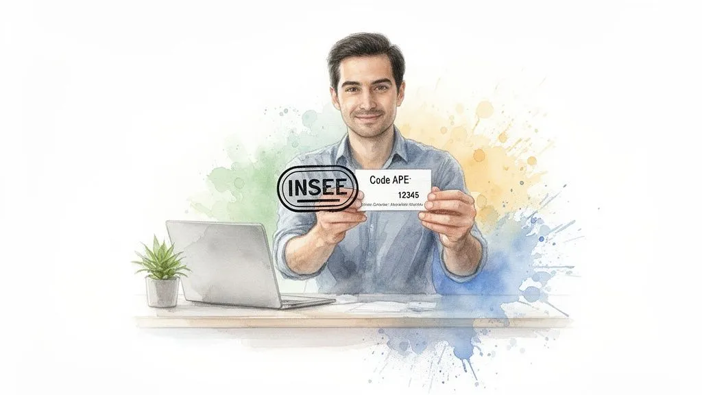 A smiling man holds a card displaying "APE code" and the INSEE logo, sitting at his desk with a laptop.